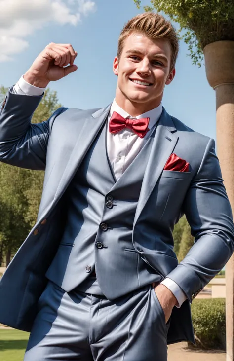 (face focus). <lora:BulkedUpAIR1.5:0.1>, (masculine:1.4), at outdoor sunny wedding, ((muscular man wearing designer formal suit)), sexy pose:1.0, confident, handsome, (((masterpiece))), (((best quality))), <lora:more_details:0.5>, (hands on waist), male, a...