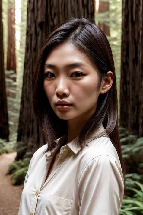 Asian woman, closeup, (shirt), pants, (california redwoods), (), (), KM_mary, wide shoulders, perfect face, (contact iris: 1.1), pale skin, skin pores , depth of field