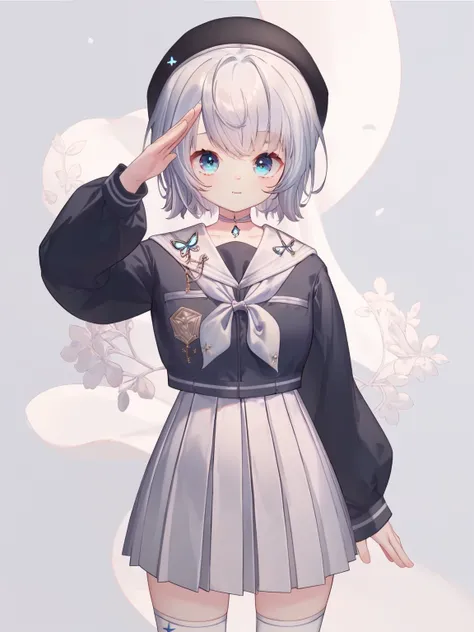 (score_9,score_8_up,score_7_up,),<lora:lulu-000008:0.9>,lulu,1girl,solo,blue eyes,virtual youtuber,short hair,looking at viewer,choker,white background,hat,socks,bangs,closed mouth,standing,white skirt,pleated skirt,white sailor collar,neckerchief,cowboy_s...