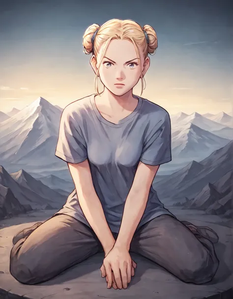 score_9, score_8_up, score_7_up,score_6_up,high resolution,n4a0kistyle,1girl,mountains,blonde hair,double bun,shirt,volumetric lighting,rim lighting,dof,dramatic shadow,looking at viewer,full body,dynamic pose,looking at viewer,pov,front view,sitting