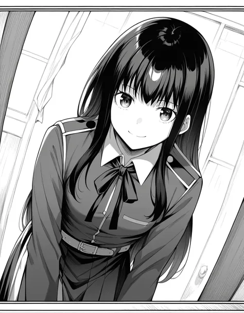 anime girl in uniform looking at camera with long hair