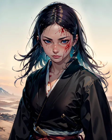 best quality,masterpiece,highly detailed,ultra-detailed, 
 <lora:neg9V2_last:0.7>   <lora:vagabond:1>1girl, black eyes, blood, blood on face,  japanese clothes, katana, looking at viewer,  portrait, sheath, imple background, standing, stubble, vagabond