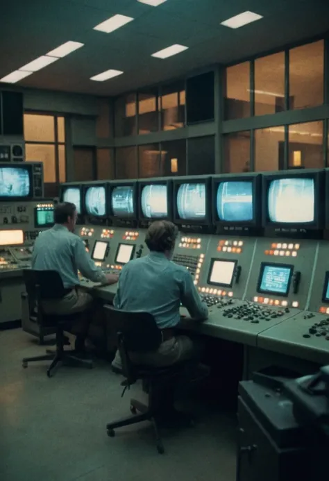 analog film photo ControlRoom, consoles, screens, people, lights, neon lights, highly detailed, 4K . faded film, desaturated, 35mm photo, grainy, vignette, vintage, Kodachrome, Lomography, stained, highly detailed, found footage