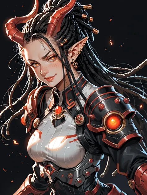 score_9, score_8_up, score_7_up,rating_explicit,
female, cel-shading, backlit, delicate features, very long hair, (dreadlocks), upper body, medium breasts, horns, cyborg, pointy elf ears, multiple ear piercings, black background, techwear, large horns, dyn...