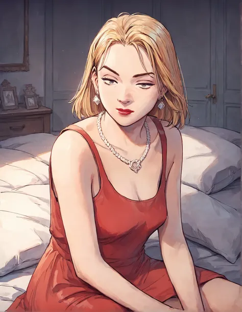 score_9, score_8_up, score_7_up,score_6_up,high resolution,upper body,n4a0kistyle,1girl,eva,blonde hair,medium hair,solo,red dress,in a bedroom,sitting,masterpiece,lipstick,make-up,earring,necklace