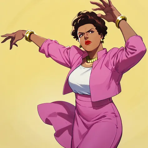 score_9, score_8_up, score_7_up BREAK AmandaWaller, 1girl, dark brown hair, brown skin, brown eyes, red lipstick, gold earrings, gold necklace, left wrist gold bracelet, open pink suit jacket, white undershirt, pink skirt, black high-heeled shoes, mature w...