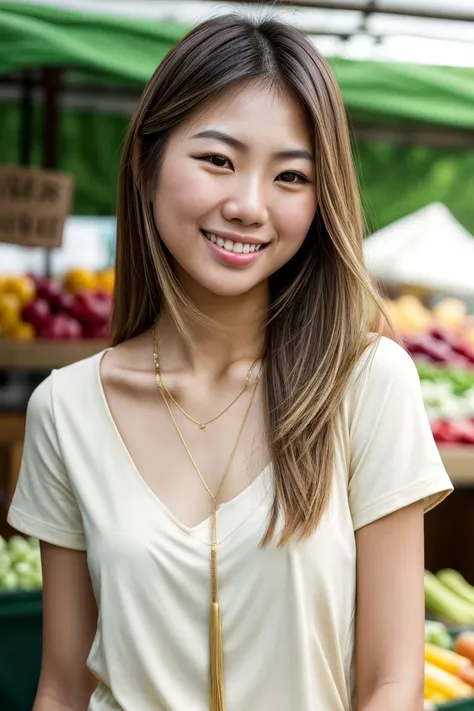 Asian woman, closeup, (shirt), pants, (farmers market), gold necklace , smiling , KM_lanying, wide shoulders, perfect face, (contact iris: 1.1), pale skin, skin pores , depth of field