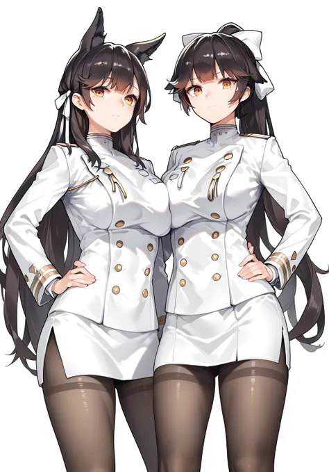 <lora:atago&takao_pony_v0.2:0.7>,atago (azur lane),takao (azur lane),hair bow, long hair,ponytail, extra ears,2girls,military_uniform,pantyhose,hand on own hip,, score_9, score_8_up, score_7_up, source_anime,