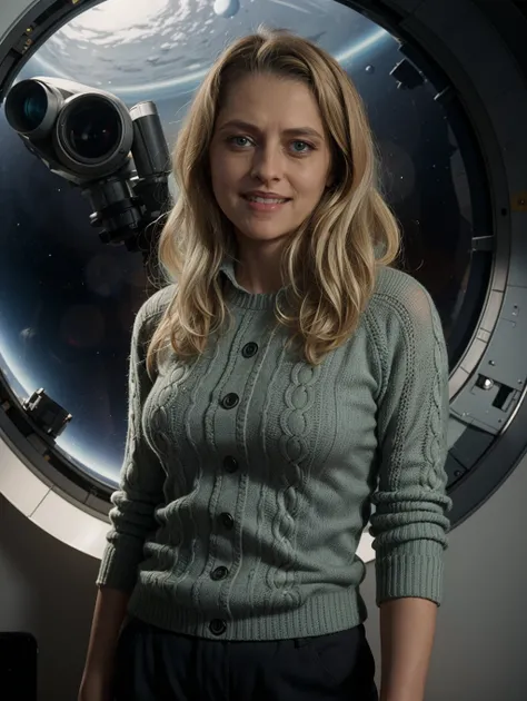 Teresa8, a smiling female scientist wearing a sweater and pants, in front of a porthole overlooking space