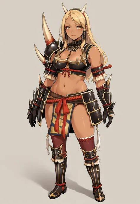 (score_9:0.9),score_8_up,score_7_up,rating_safe,anime style,(zPDXL),<lora:Kishin Armor ponyXL v1:0.7>,mature female,kishin armor,oni horn hiarband,black gauntlets,black knee boots,black loincloth,black single shoulder pad,black bikini armor,1girl,,blonde h...