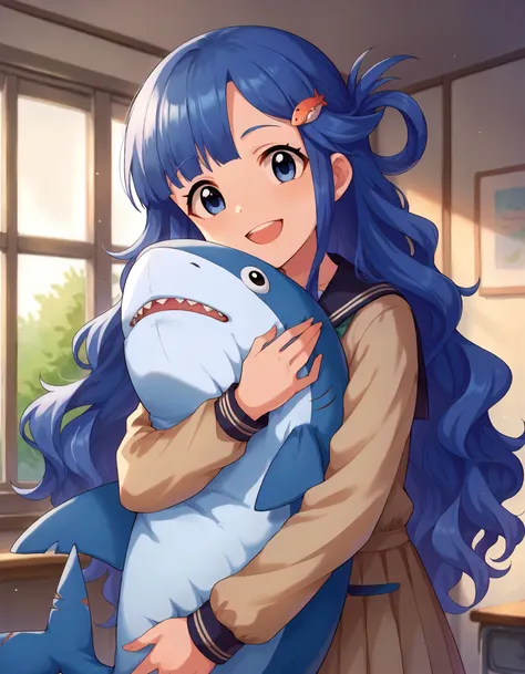 score_9,score_8_up,score_7_up,1girl,solo,cowboy shot,looking at viewer,smile,upper teeth only,object hug,stuffed shark,indoors,
<lora:asarinanami_ponyXLV6:0.7>,cgannm,blue hair,long hair,wavy hair,fish hair ornament,blue eyes,school uniform