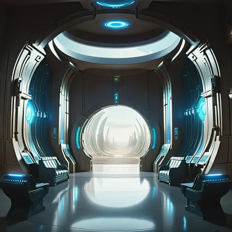 gate waiting area a futuristic spaceship room with a round window gate waiting area background