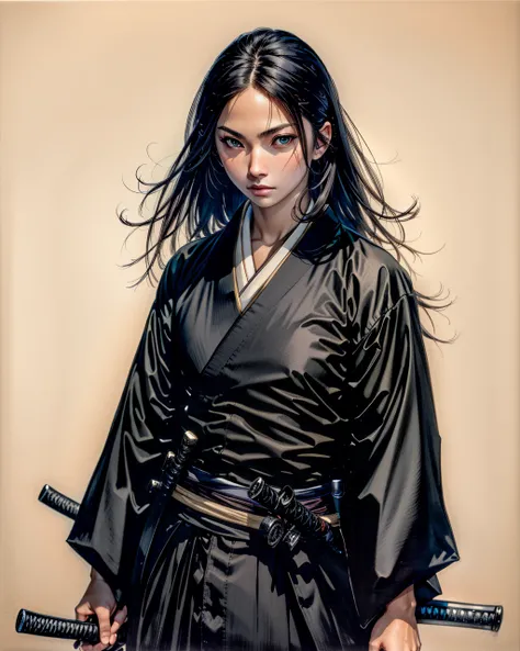 best quality,masterpiece,highly detailed,ultra-detailed, 
 <lora:neg9V2_last:0.7>   <lora:vagabond:1>1girl, black eyes,  japanese clothes, katana, looking at viewer,  portrait, sheath,  standing,  vagabond,ink (medium), traditional media,