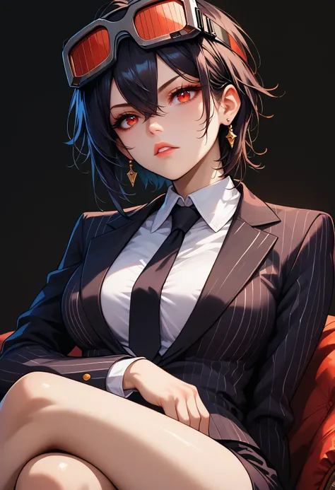 score_9,score_8_up,score_7_up,score_6_up <lora:grace_howard_zzz_pdxl_v1_goofy:1>1girl, goggles on head, hair between eyes, red eyes,black hair,large breasts,1girl, black gloves, black necktie, black skirt, black suit, breasts, buttons, collared shirt, cros...