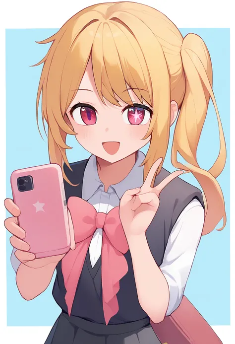 hoshino ruby,  
star-shaped pupils, sidelocks, holding, no pupils, blue background, parted bangs, border, smile, looking at viewer, :d, v, holding phone, side ponytail, chibi, black skirt, miniskirt, black vest, pleated skirt, school uniform, bowtie, skirt...