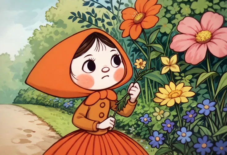 score_9, score_8_up, score_7_up BREAK Kordulka, 1girl, brown hair, black eyes, rosy cheeks, pink blush, orange hood headdress, long-sleeved light orange buttoned shirt, orange pleated skirt, brown shoes, picking flowers, garden flower fields,