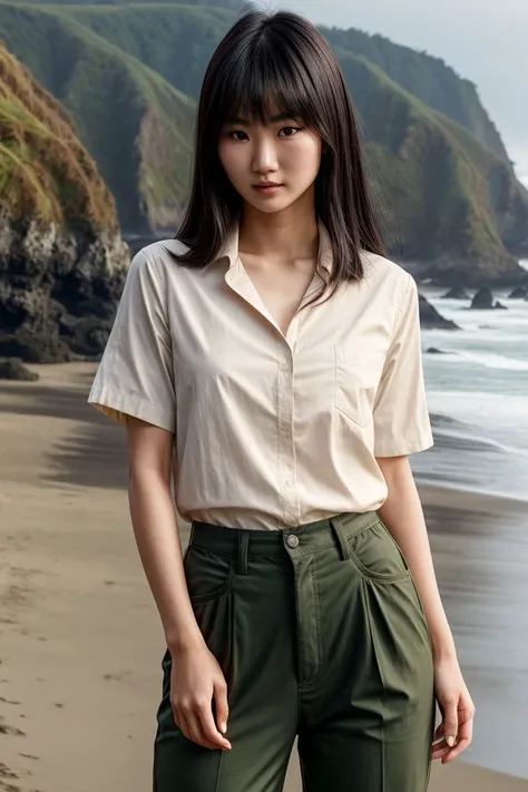 Asian woman, closeup, (shirt), pants, (oregon coast), (), (), KM_krista, wide shoulders, perfect face, (contact iris: 1.1), pale skin, skin pores , depth of field