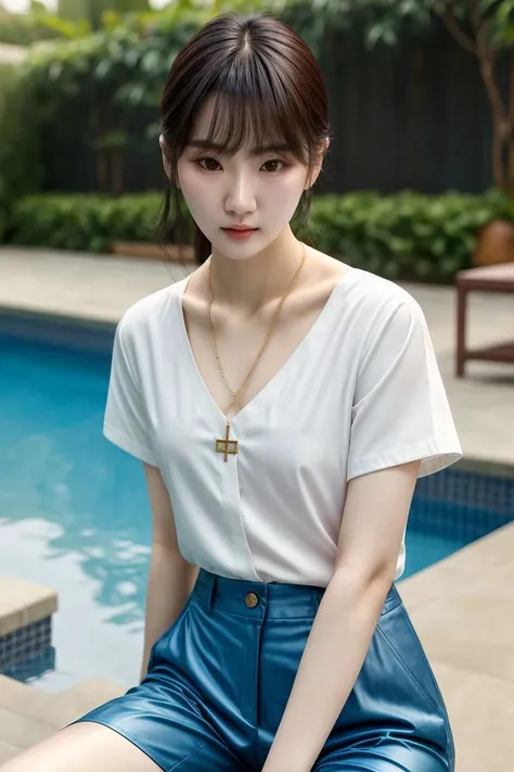 Asian woman, closeup, (shirt), pants, (swimming pool), cross necklace , (), KM_krista, wide shoulders, perfect face, (contact iris: 1.1), pale skin, skin pores , depth of field