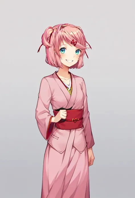 score_9, score_8_up, score_7_up, source_anime, BREAK, solo, 1girl,  <lora:DDLC-pdxl_Fp:0.8>, standing, smile, simple background, looking at viewer, cowboy shot, natsuki (doki doki literature club), pink kimono,