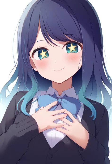 1girl, 
kurokawa akane,  
looking at viewer, blue eyes, blush, long hair, black cardigan, white shirt, solo, gradient hair, smile, green eyes, collared shirt, cardigan, blue hair, star (symbol), upper body, hands on own chest, blue bow, star-shaped pupils,...