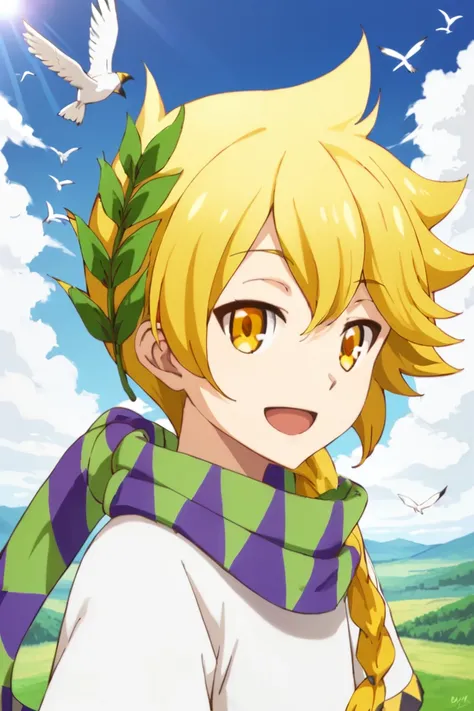 score_9,score_8_up,score_7_up,source_anime,anime style,1boy, solo,kufo,blonde hair,long hair,single braid,yellow eyes,striped scarf,white shirt, smile, shorts, flying, clouds, blue sky, light rays, birds,white Shorts, close-up, looking at viewer, open mout...