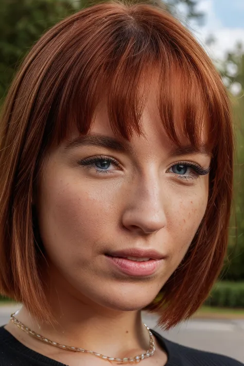 lillymays, professional portrait of 1girl in a Chanel jacket, short hair, freckles, lip gloss, lips, youthful, pretty face, reflections in eyes, outdoors,  necklace, face details, looking at viewer, lips parted (sci-fi background), sharp focus, blue eyes, ...