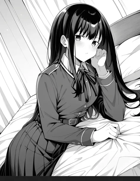 score_9, score_8_up, score_7_up, source_anime, <lora:takina-inoue-chickeiii-manga-ponyxl-lora-nochekaiser:1>, takina inoue, long hair, bangs, black hair, greyscale, monochrome,, shirt, long sleeves, dress, ribbon, school uniform, collared shirt, belt, neck...