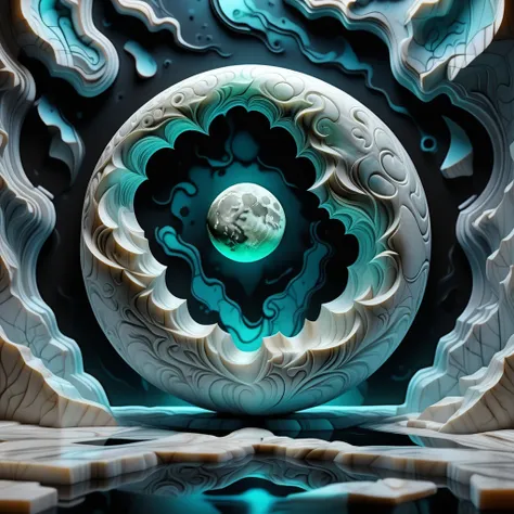 An Abstract moon, carved out of marble floating in a the liquid sky, surreal realistic nature scene, intricate, detailed and grandiose, blacklight style, photo, geekyghost, details, cinematic framing, novel composition, shimmering accents, clean lines, sym...