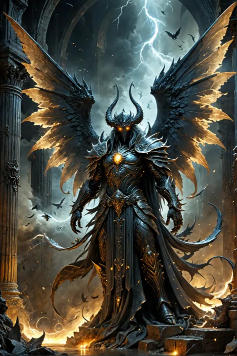 old masters painting style, intricate details, full body view, elder god, huge spread out wings, famous artwork inspired by (gustave dore:1.2) and (stephan martiniere:1.3), detailed expressive eyes, fantasy style, beware the majestic elder (moth:0.72) god ...