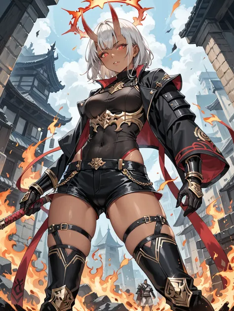 score_9, score_8_up, score_7_up,rating_explicit,
1girl, tan skin, medium chest, medium hips, white medium hair, bangs, little oni horns, glowing eyes, red eyes, black burning halo, demon black gloves, demonic boots, wide shorts, black samurai armor, standi...