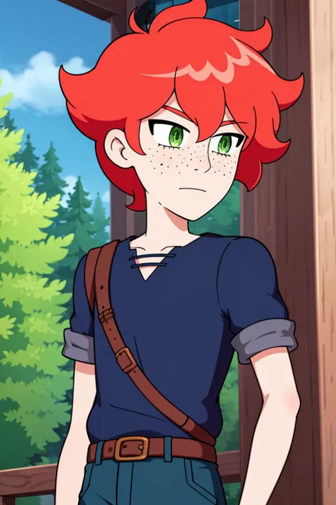 snapdragon,1boy,solo,short hair,red hair,green eyes,freckles,male focus