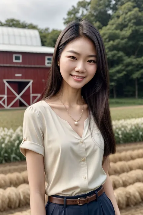 Asian woman, closeup, (shirt), pants, (farm with barn), pearl necklace , smiling , KM_jie, wide shoulders, perfect face, (contact iris: 1.1), pale skin, skin pores , depth of field