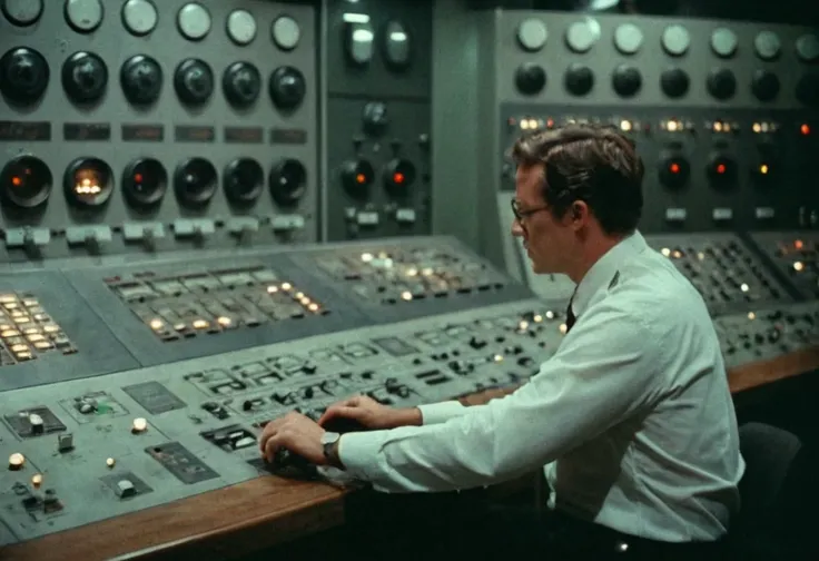 analog film photo ControlRoom, consoles, screens, man, lights . faded film, desaturated, 35mm photo, grainy, vignette, vintage, Kodachrome, Lomography, stained, highly detailed, found footage