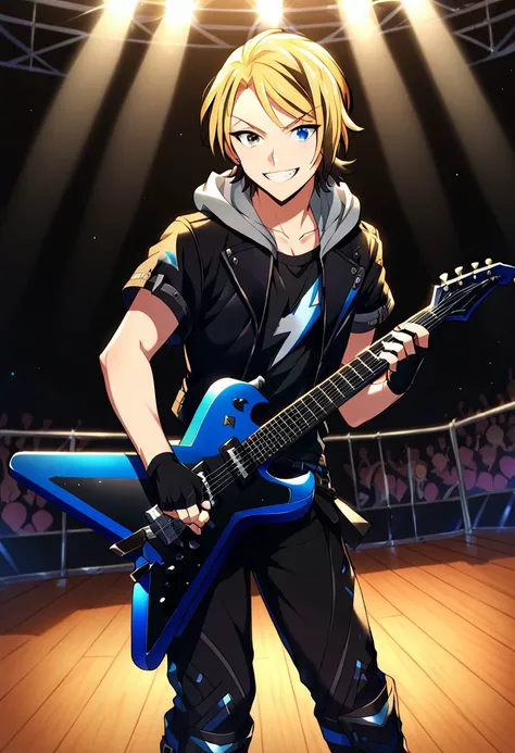 score_9, score_8_up, score_7_up, source_anime, highly detailed, 
leonard, instrument, guitar, gloves, solo, fingerless gloves, blonde hair, smile, holding instrument, jacket, blue eyes, holding, black gloves, black jacket, electric guitar, grin, looking at...