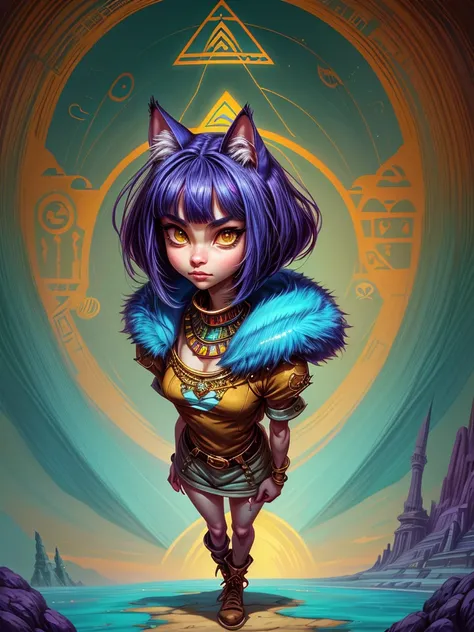 velvetlibraianmjstyle, highest quality character portrait, 1girl, woman, egyptian tabaxi, zrpgstyle, small bust, cat companion, baggy clothes, traveling pack, spellcaster, blue fur, egyptian themes, full body, by Lois van Baarle, anime style, ghibli style,...