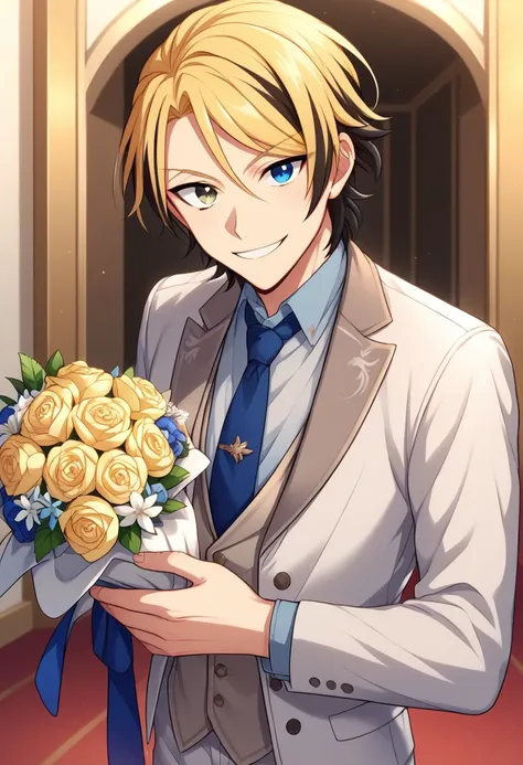 score_9, score_8_up, score_7_up, source_anime, highly detailed, 
leonard, 1boy, male focus, blonde hair, flower, solo, white jacket, necktie, bouquet, jacket, smile, blue necktie, shirt, multicolored hair, heterochromia, looking at viewer, white pants, blu...