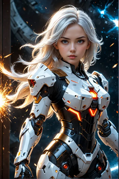 amazing quality, masterpiece, best quality, hyper detailed, ultra detailed, UHD, DOF, depth of field, HDR, perfect anatomy, 1 girl, cute, beauty, pretty, white hair, full body,( fighting stance:1.3), detail eyes,( face to viewer:1.4),space ship, universe s...