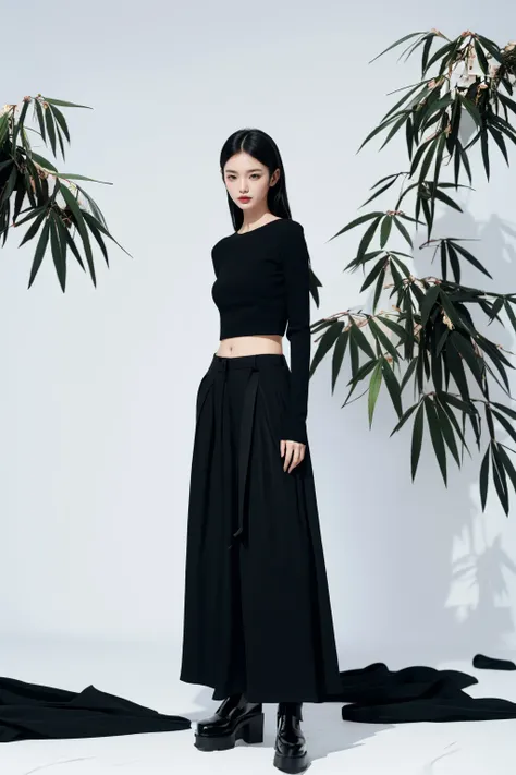 realistic,reality,moying,1girl,solo,looking at viewer,skirt,black hair,hair ornament,long sleeves,white background,The background is a plain white with minimal decoration, possibly featuring bamboo leaves,A sheer black fabric extends behind her, adding dep...