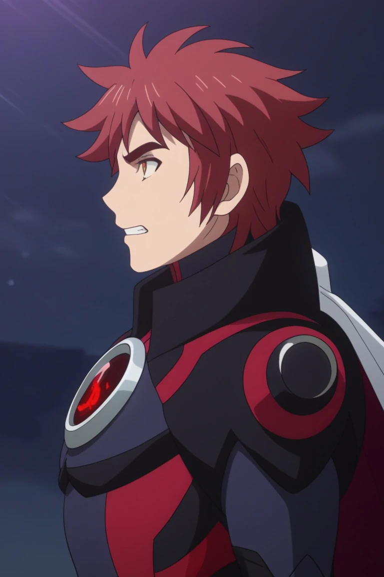 score_9, score_8_up, score_7_up, score_6_up, detailed, intricate details,best quality ,source_anime, cowboy shot, male focus
yujin ozora, red hair, red eyes, red cape, bodysuit, 1boy, male focus, solo, upper body, teeth, clenched teeth, from side, profile,...