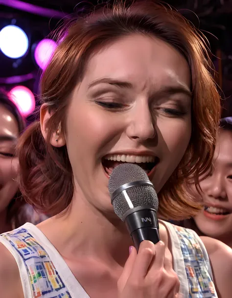 In a grungy, neon-lit underground music venue nestled within the heart of Shibuya, Tokyo, the camera angles from below captures a close-up image of 3L34N0R, a woman with striking brown hair, dressed in a unique sleeveless shirt adorned with intricate pixel...