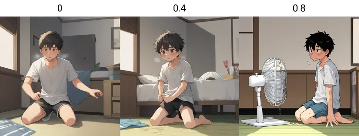 score_9, score_8_up, score_7_up, score_6_up, score_5_up, score_4_up, zPDXL2,source_anime,rating_questionable, summer, 1boy loose shirt, shorts, indoors, kneeling in front of fan, <lora:Melting:0> m3lt, melting, heat, sweat, sunny, flushed, collapsed