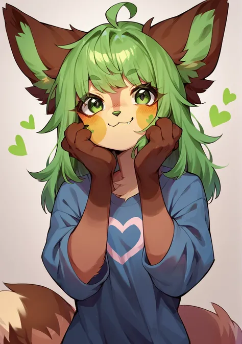 score_9, score_8_up, score_7_up, score_6_up, score_5_up, score_4_up, 1girl, solo, animal ears, tail, green hair, green eyes, heart ahoge, furry female, shirt, looking at viewer, yellow cheek spots, <lora:Rina_epoch_10:0.7>