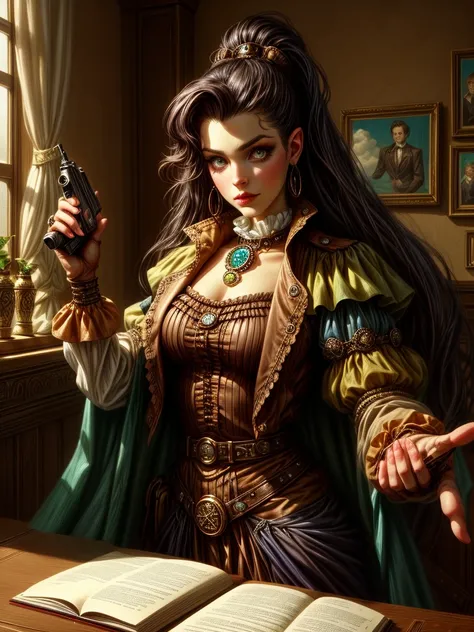 fantafier, zrpgstyle,highest quality, art by Marc Lagrange, a woman dressed in steampunk clothing holding a gun, Victorian vintage interior, Drusilla-du-Charme, cosplay, elenasamko, adafruit, Aura Noire, art by Kaja Foglio, ultra sharp, smooth, trending on...