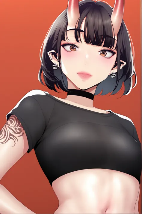 <lora:XL_STYLE_BNW_ART1:1> bnwart1def, 1girl, solo, red background, tattoo, piercing, ear piercing, black hair, jewelry, looking at viewer, shirt, bangs, black shirt, simple background, pointy ears, medium hair, red horns, brown eyes, oni horns, blunt bang...