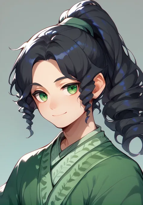 score_9, score_8_up, score_7_up, masterpiece, best quality, 1boy, solo, yong boy, looking at viewer, smile, ponytail, black hair, green eyes,   meilan, green hanfu,  <lora:MaiLanPony:1>