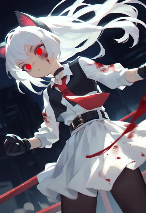 score_9, score_8_up, score_7_up, score_6_up, BKSTL, 1girl, stands in a fighting position, boxing, beaten face, disheveled, (young:1.2) girl (white hair, bangs, black cat ears, red eyes, black gloves), (dressed in a white shirt is stained with blood, red ti...