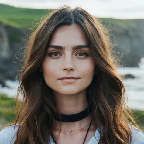 (Skin texture, RAW, pores),no makeup,  Super high res closeup portrait photo of a woman outdoors with wavy long hair, wearing a small choker around her neck,f /2.8, Canon, 85mm,cinematic, high quality,looking at the viewer , jenxcolemn, <lora:jencoleman_ju...