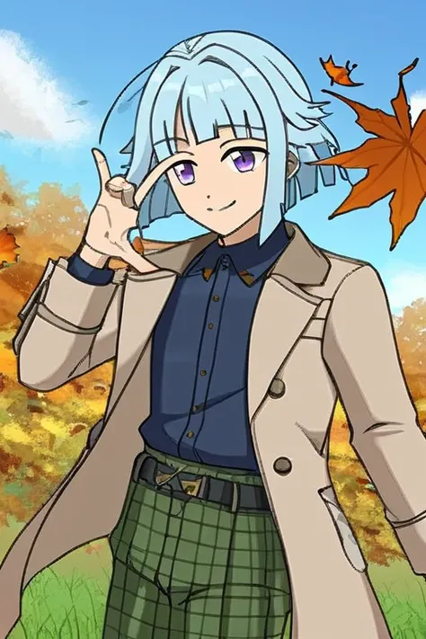 A boy named Hajime Shino has light blue hair with blunt bangs. He has violet eyes. He is wearing a beige jacket with a dark blue shirt and green pants. and he is standing outside in a sunny autumn day on the grass and blue sky. There are autumn leaves. He ...