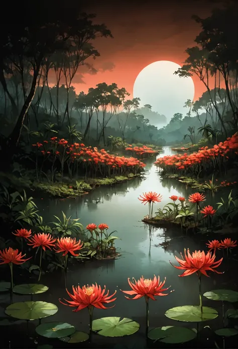 ,ruanyi0797,spider lily,flower field,jungle,overgrown,,ruanyi0699,fog,night,red sky,reflection,red theme,flower,<lora:0797 spider lily_v1_pony:0.7>,<lora:0699 Wangchuan River_v1_pony:1>, score_9,score_8_up,score_7_up,,8k,1girl,solo,,