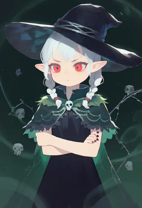 score_9, score_8_up, score_7_up, score_6_up, BKSTL,  1girl, standing, (young:1.2) girl (long silver hair, two braids, bangs, red eyes, pointed ears, black nail polish), (wearing a transparent gothic dress, high collar, a half-removed dark green mantle, bla...